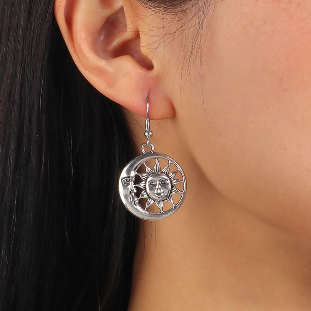 Silver Sun/Moon Face Boho Drop Earrings